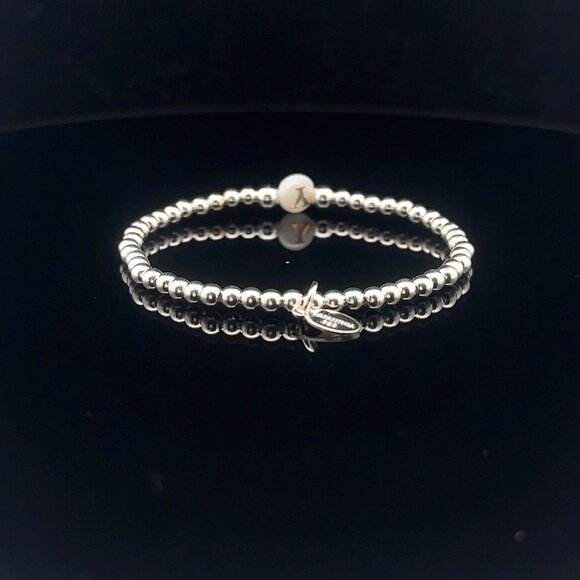 925 Sterling Silver Beaded Stretch Stacking Bracelet MOP Letter Initial Y - Picture 5 of 6
